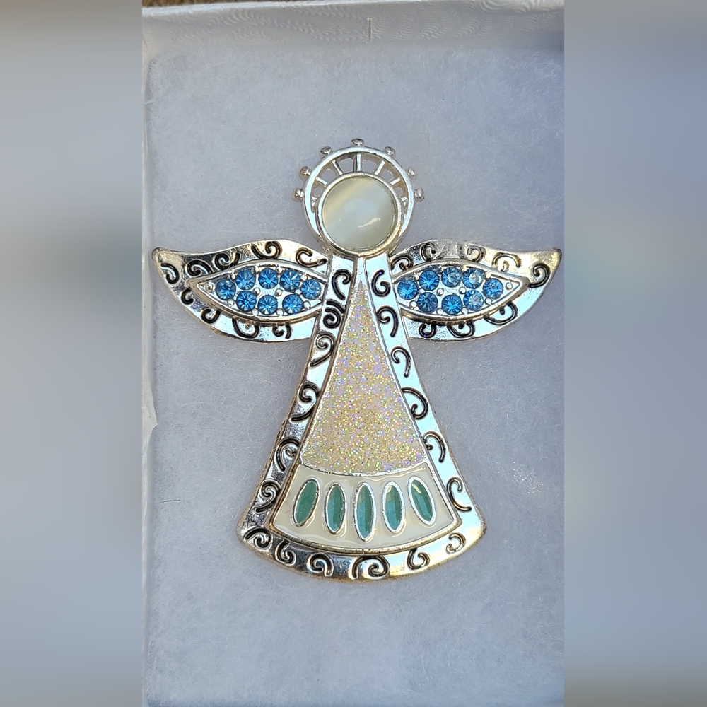 Vintage KC Angel Brooch Enameled Blue Crystal SilverApproximately 1.5"w x 2"ta